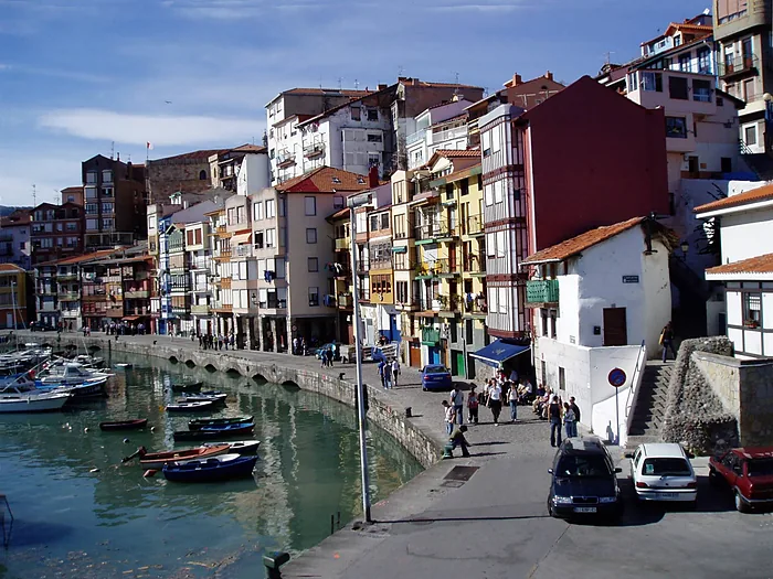 El puerto viejo de Bermeo, con las casas de colores asomadas al agua y las barcas amarradas.